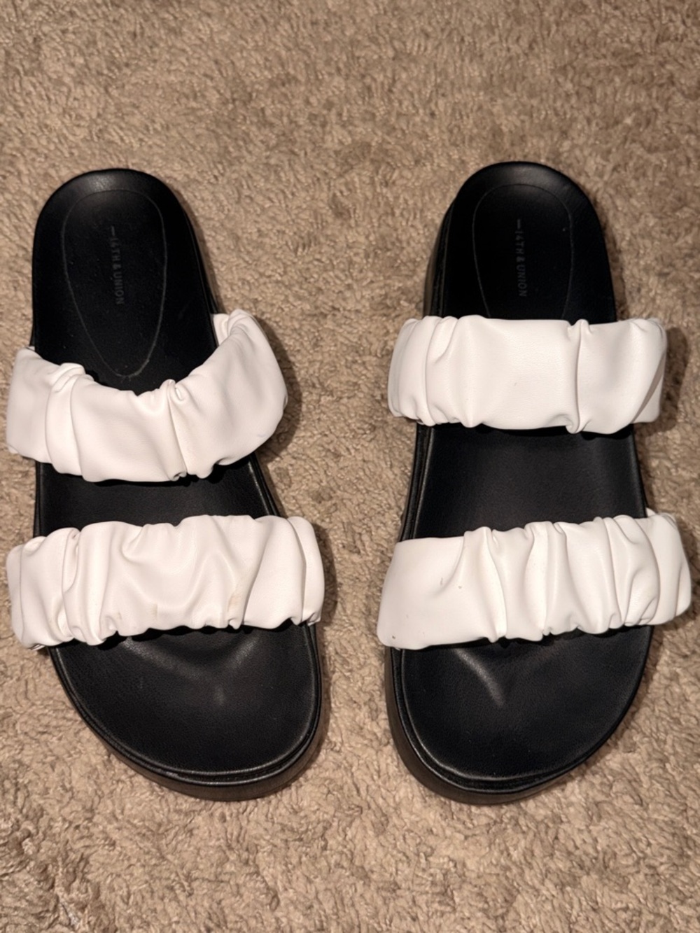 14th & Union White Ruched Double-Strap Slide Sandals for Women
